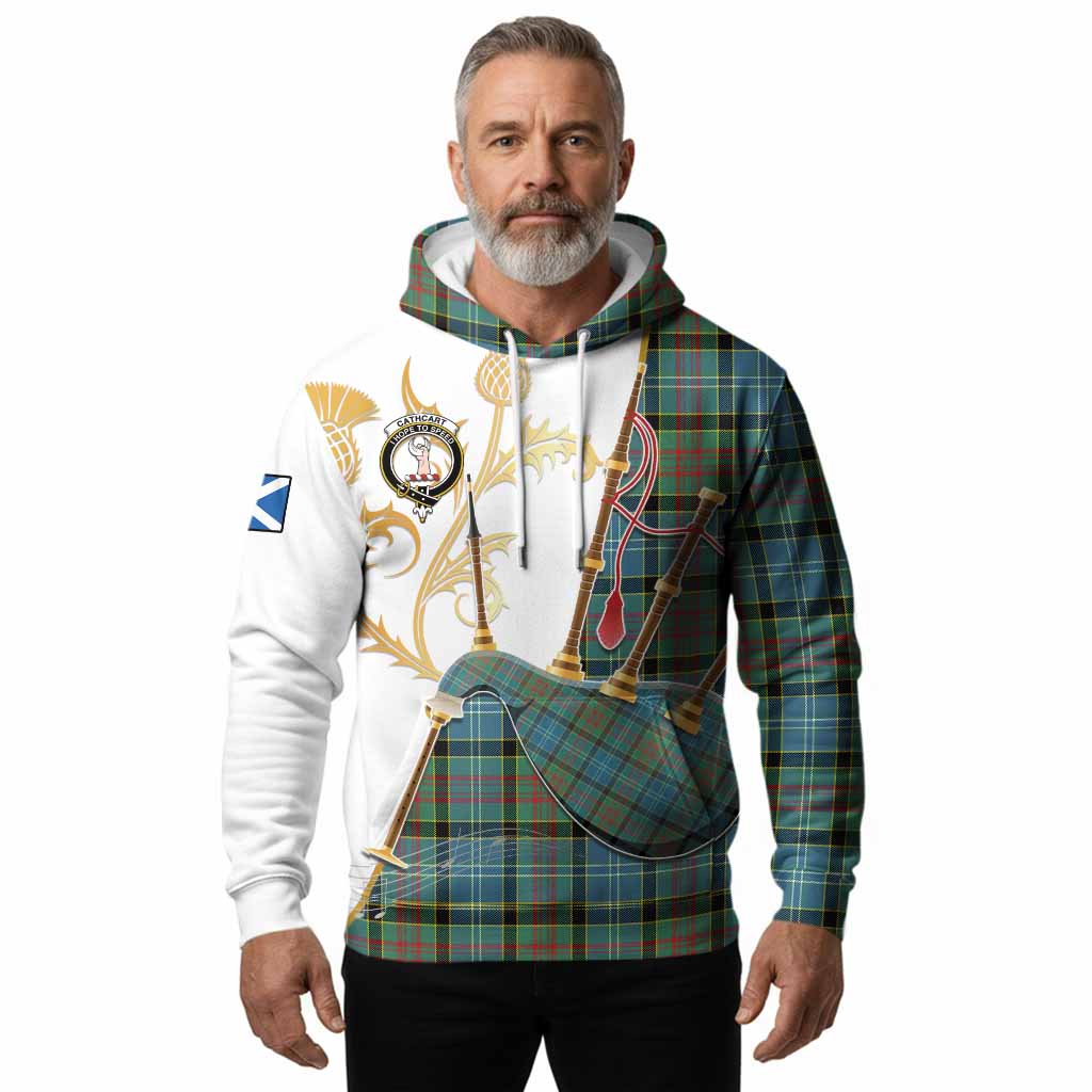 Cathcart Tartan Family Crest Hoodie Bagpipes with Scottish Thistle