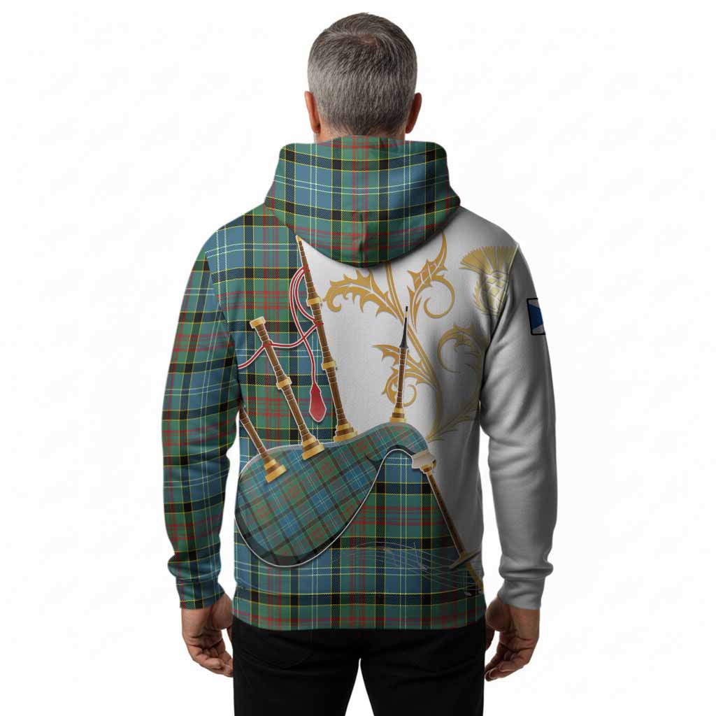 Cathcart Tartan Family Crest Hoodie Bagpipes with Scottish Thistle