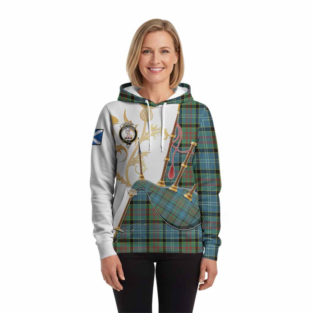 Cathcart Tartan Family Crest Hoodie Bagpipes with Scottish Thistle