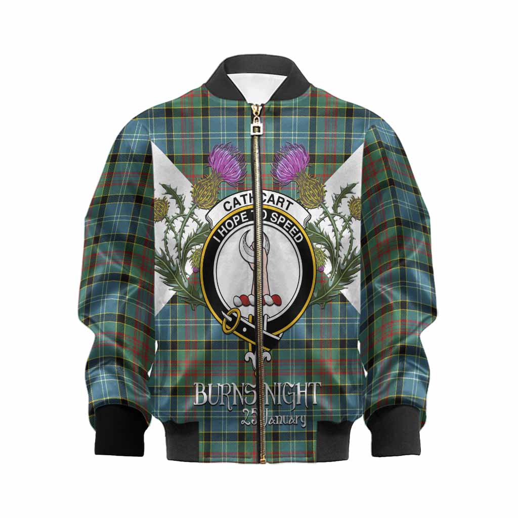 Cathcart Tartan Family Crest Kid Bomber Jacket Scottish Burns Night Thistle Floral