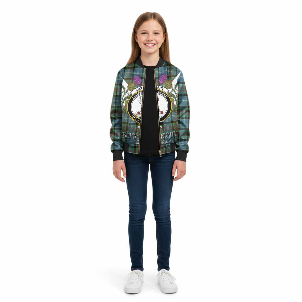Cathcart Tartan Family Crest Kid Bomber Jacket Scottish Burns Night Thistle Floral