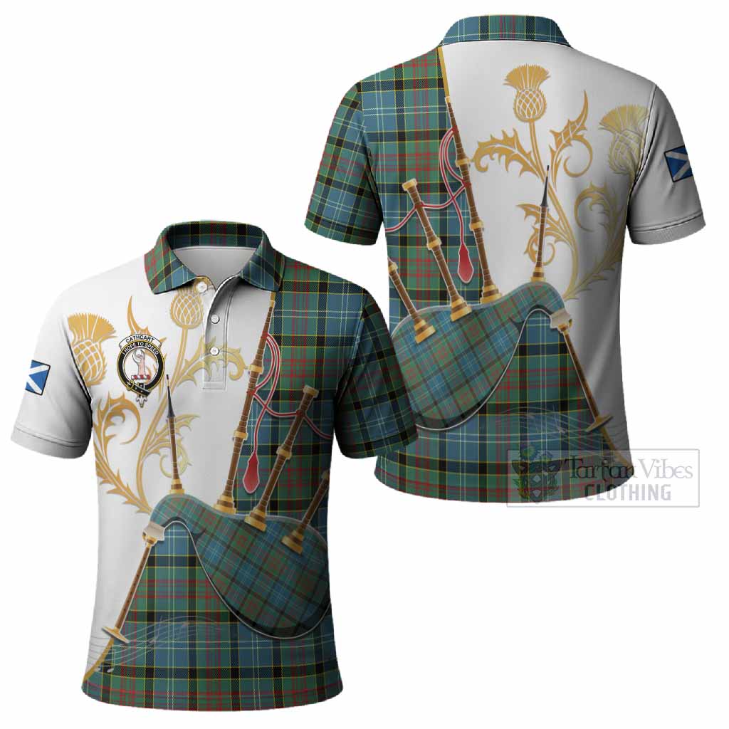 Cathcart Tartan Family Crest Polo Shirt Bagpipes with Scottish Thistle