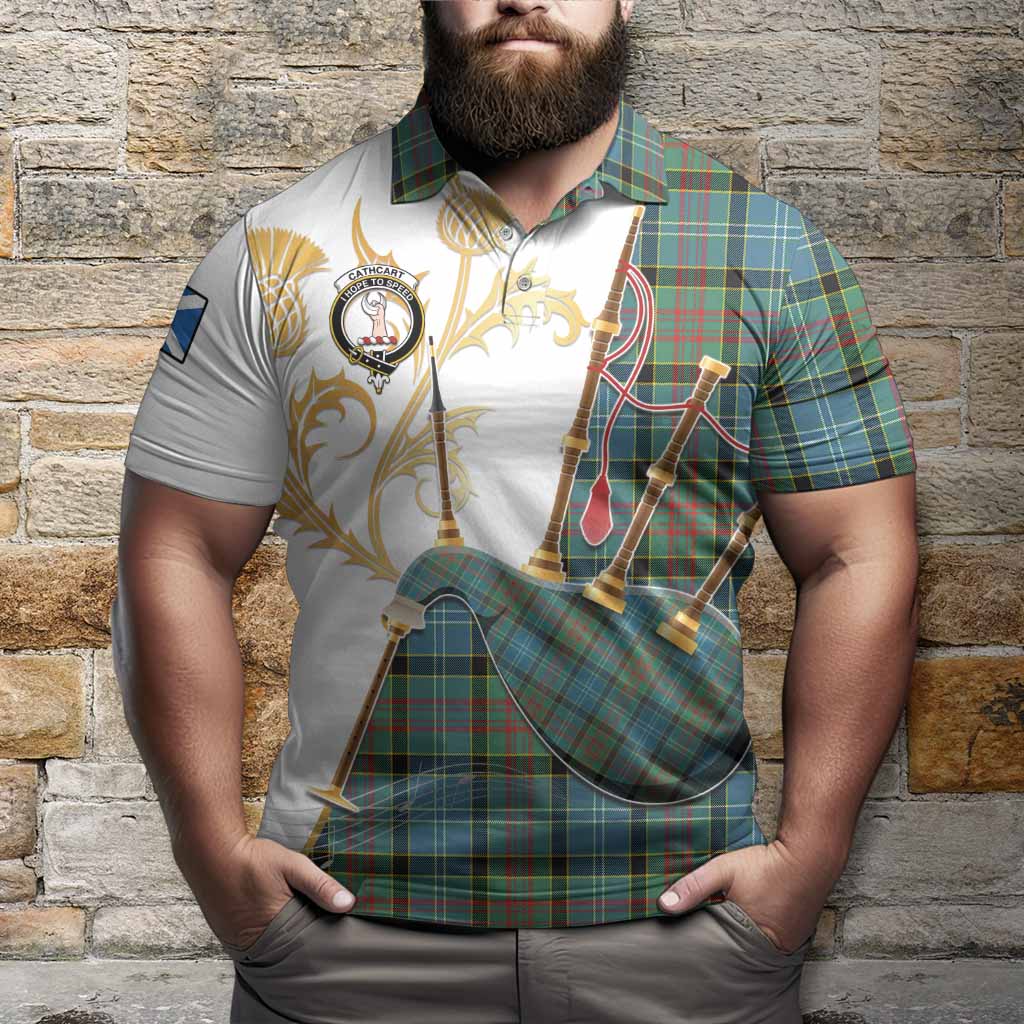 Cathcart Tartan Family Crest Polo Shirt Bagpipes with Scottish Thistle