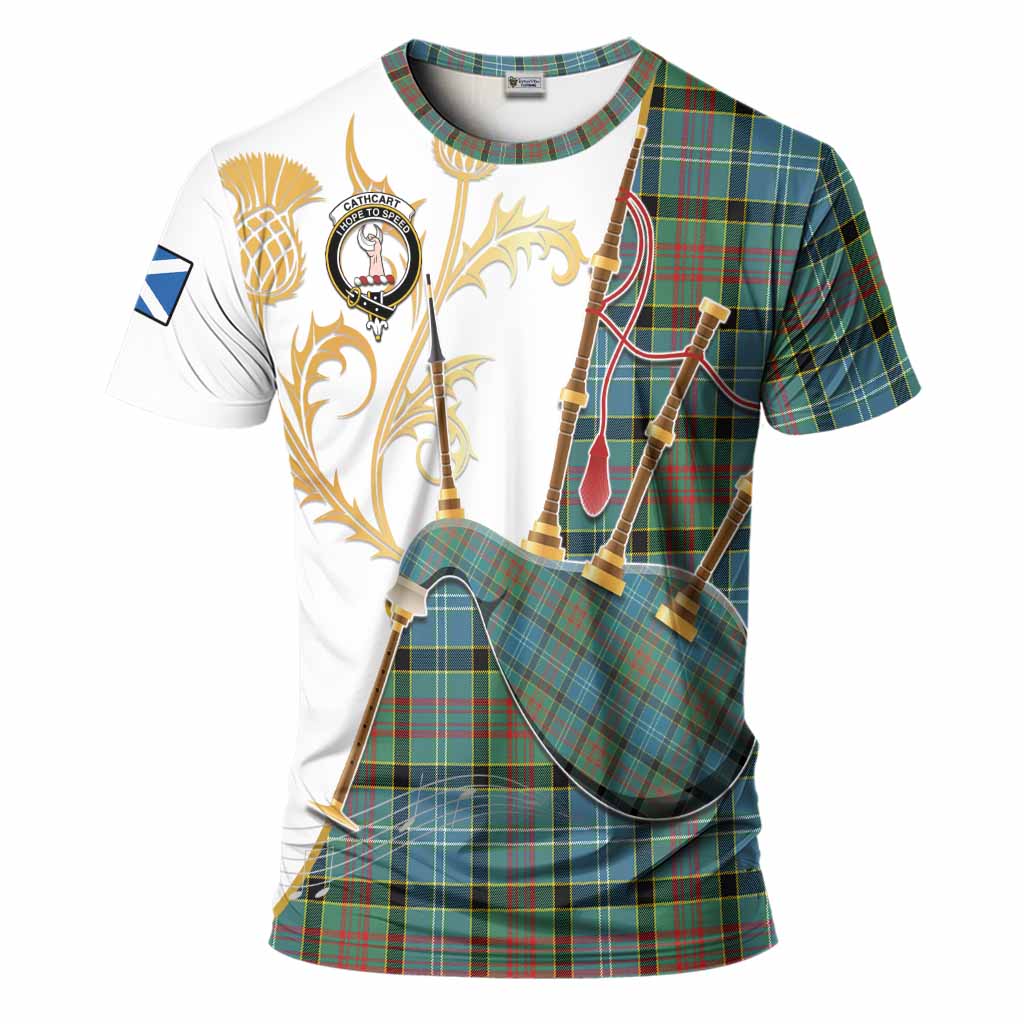 Cathcart Tartan Family Crest T-Shirt Bagpipes with Scottish Thistle