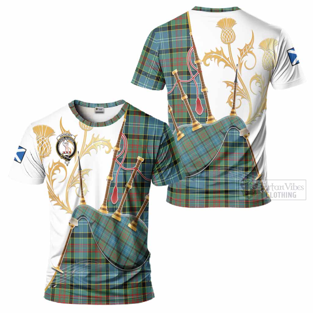 Cathcart Tartan Family Crest T-Shirt Bagpipes with Scottish Thistle