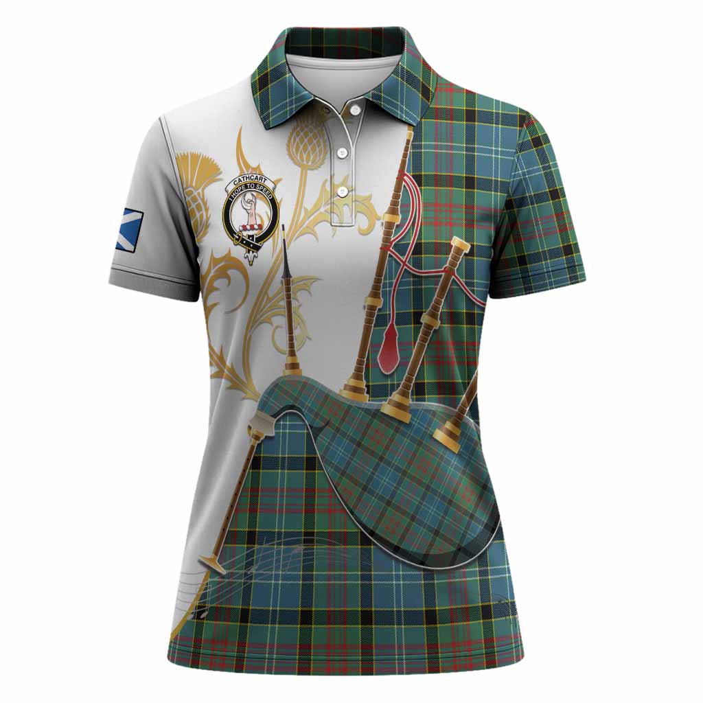Cathcart Tartan Family Crest Women Polo Shirt Bagpipes with Scottish Thistle