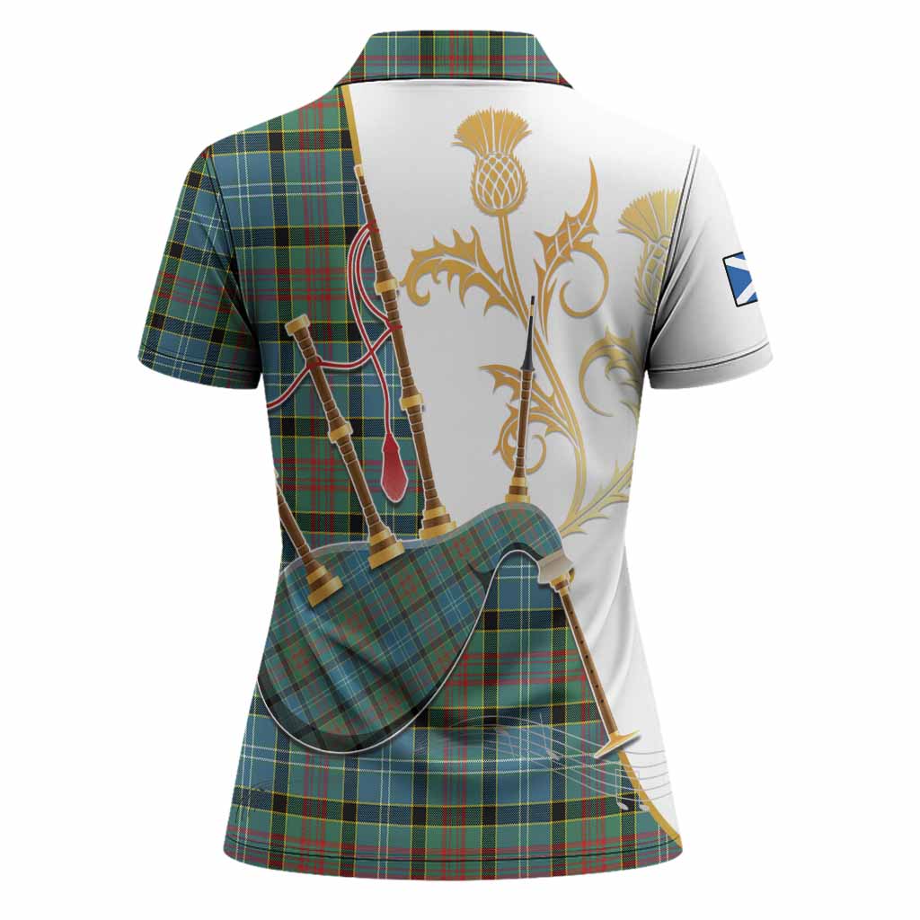 Cathcart Tartan Family Crest Women Polo Shirt Bagpipes with Scottish Thistle