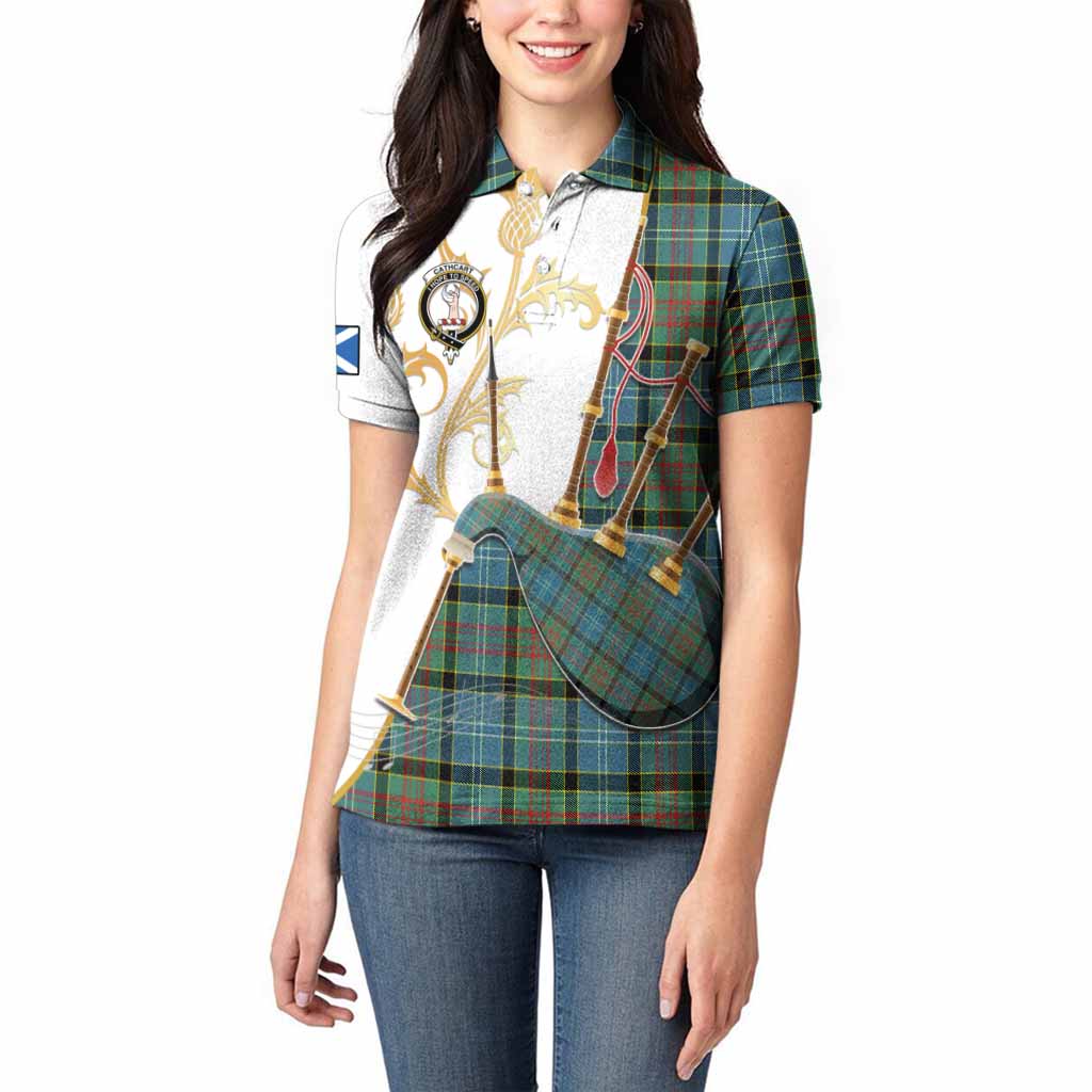 Cathcart Tartan Family Crest Women Polo Shirt Bagpipes with Scottish Thistle