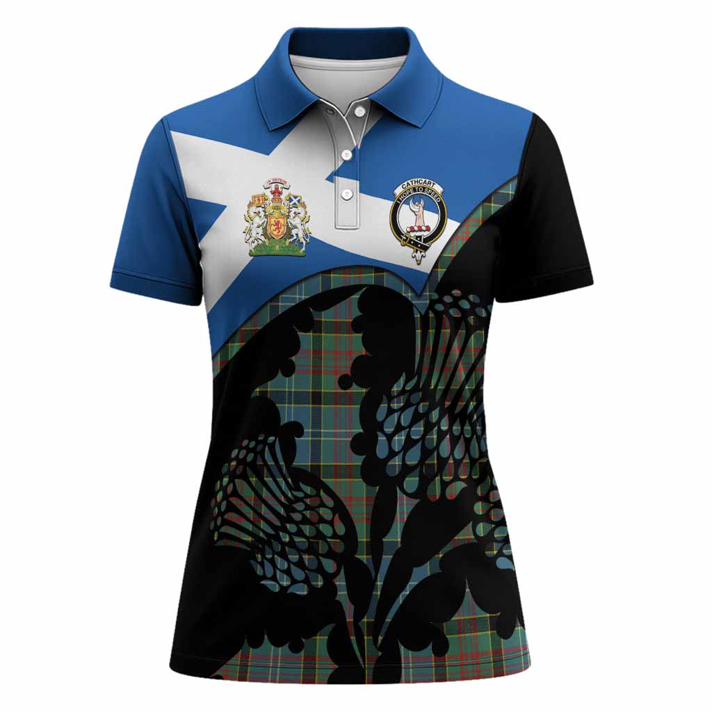 Cathcart Tartan Family Crest Women Polo Shirt Scotland Thistle Floral Flag Style