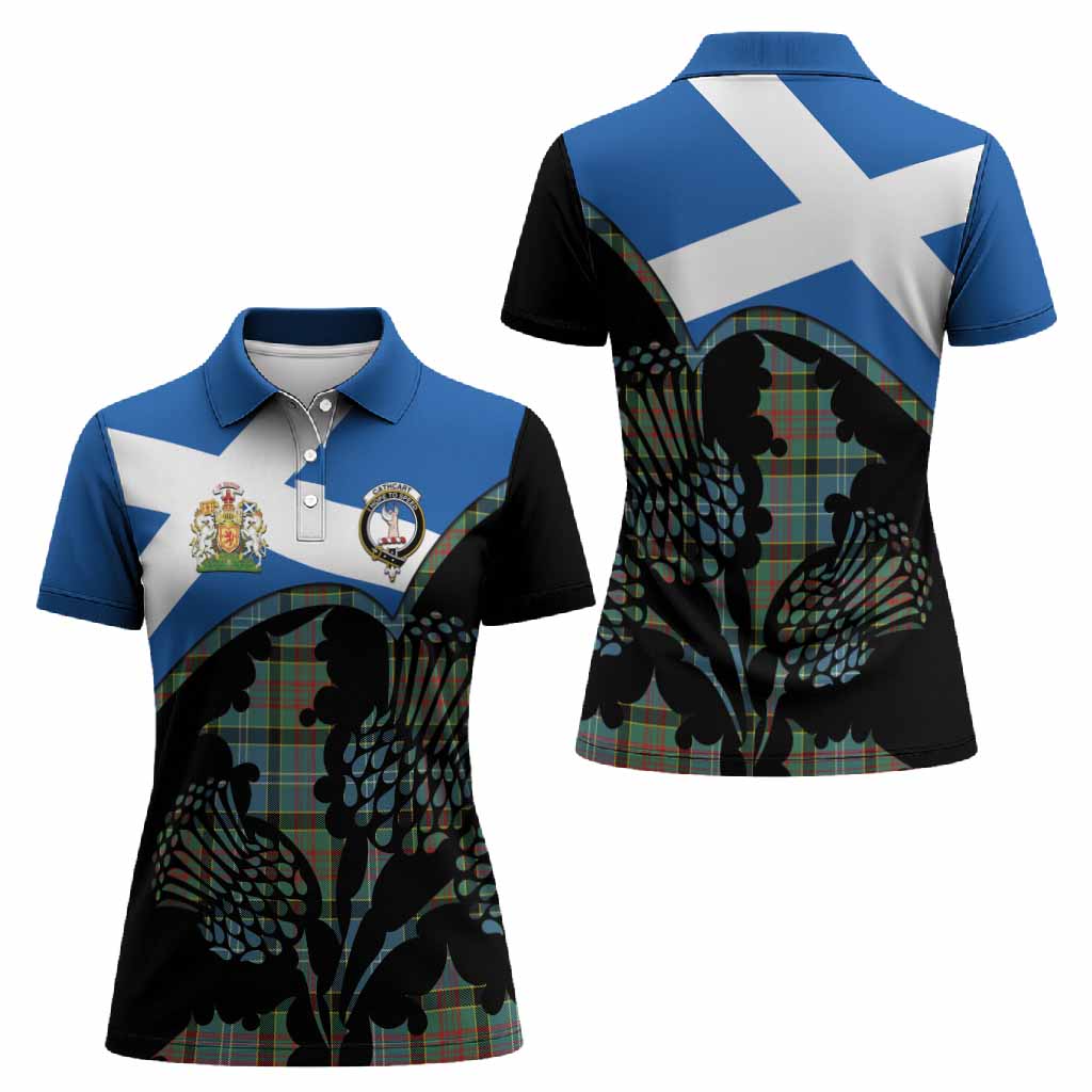 Cathcart Tartan Family Crest Women Polo Shirt Scotland Thistle Floral Flag Style