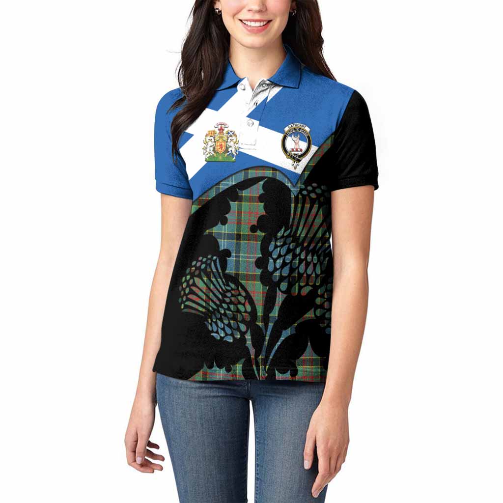 Cathcart Tartan Family Crest Women Polo Shirt Scotland Thistle Floral Flag Style