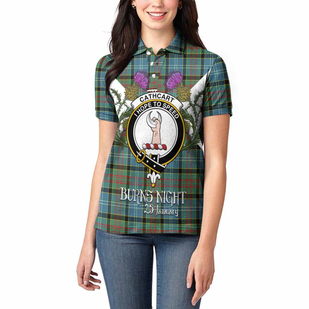 Cathcart Tartan Family Crest Women Polo Shirt Scottish Burns Night Thistle Floral
