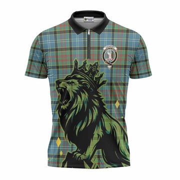 Cathcart Tartan Family Crest Zipper Polo Shirt Crowned Lion Roaring
