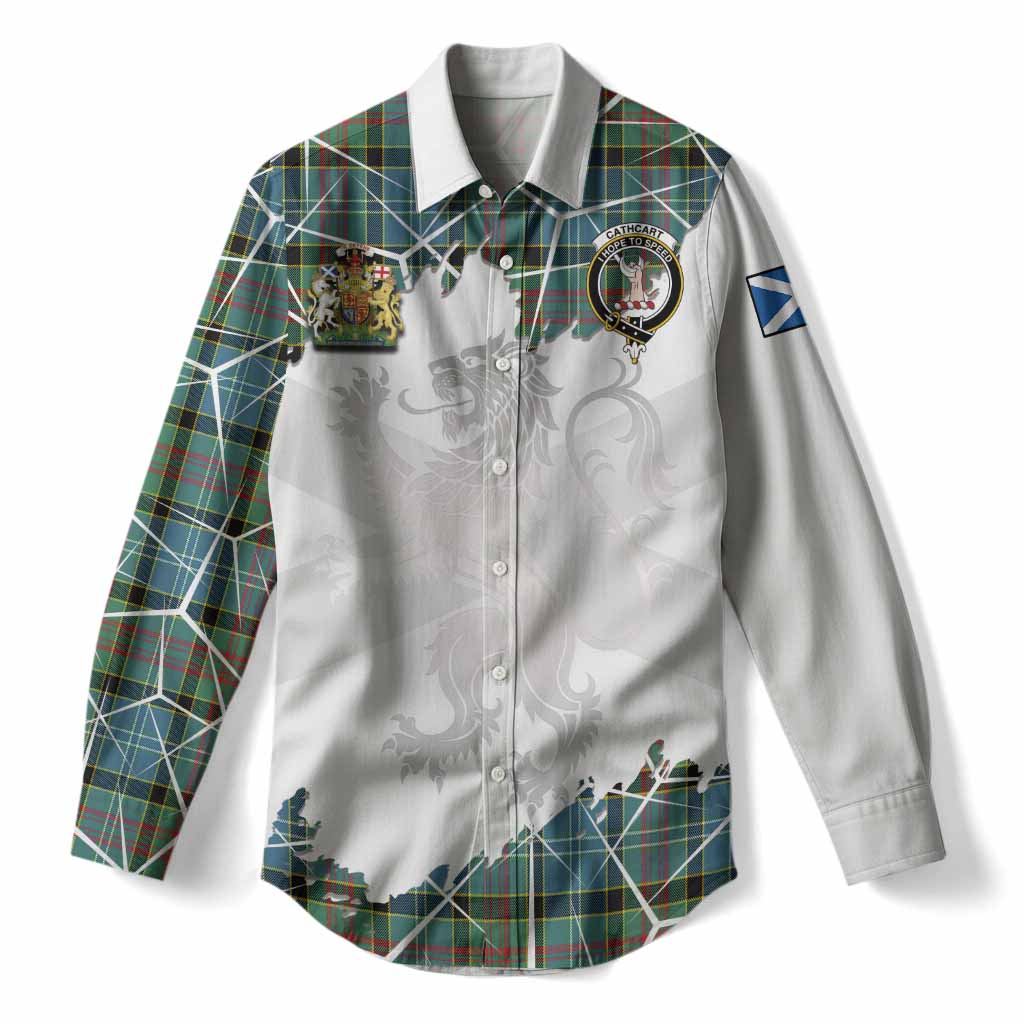 Cathcart Tartan Women Casual Shirt with Family Crest and Lion Rampant Grunge Style
