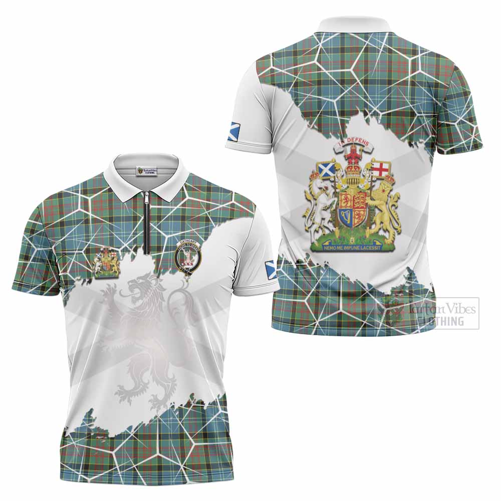 Cathcart Tartan Zipper Polo Shirt with Family Crest and Lion Rampant Grunge Style