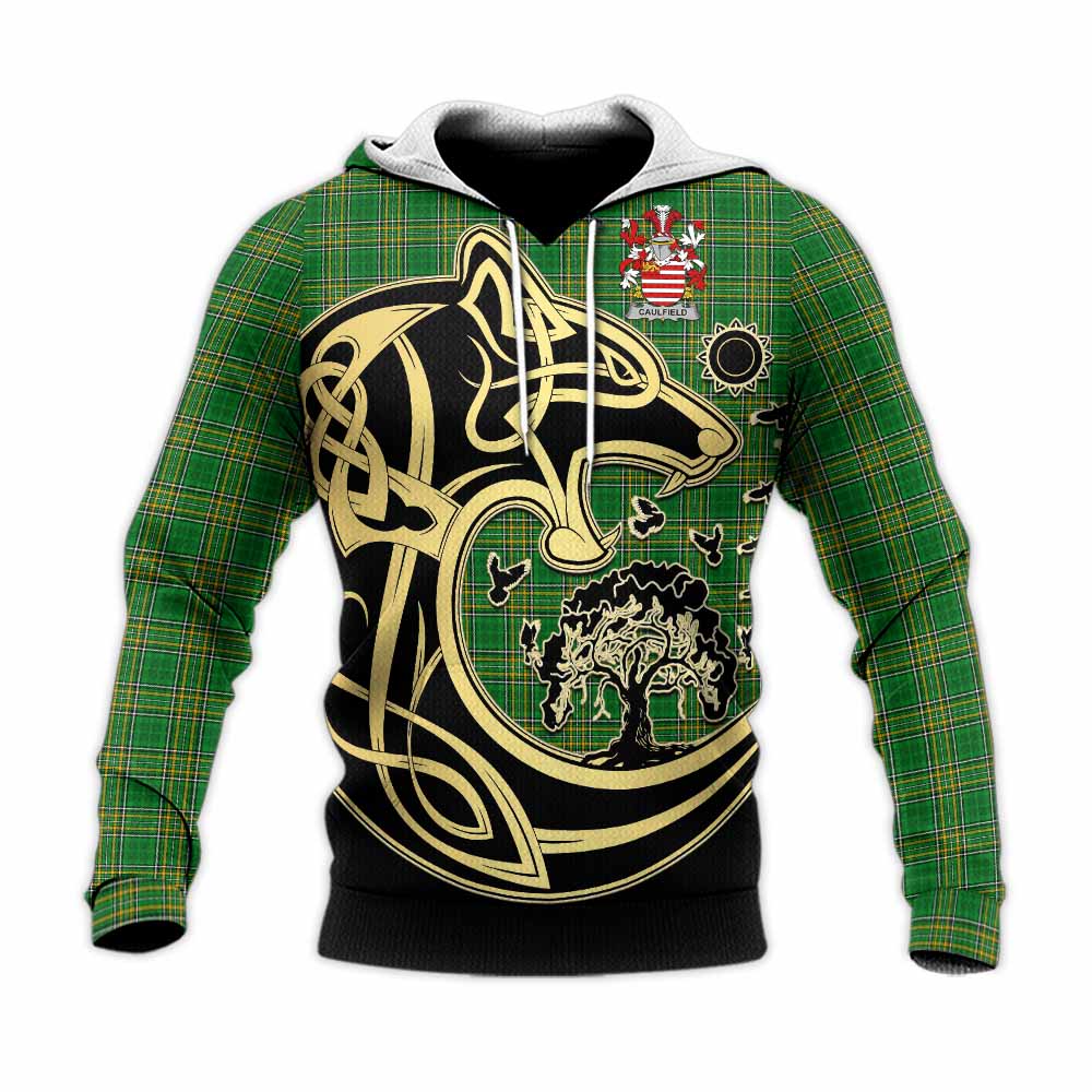 Tartan Vibes Clothing Caulfield Irish Tartan Knitted Hoodie with Coat of Arms Celtic Wolf Style