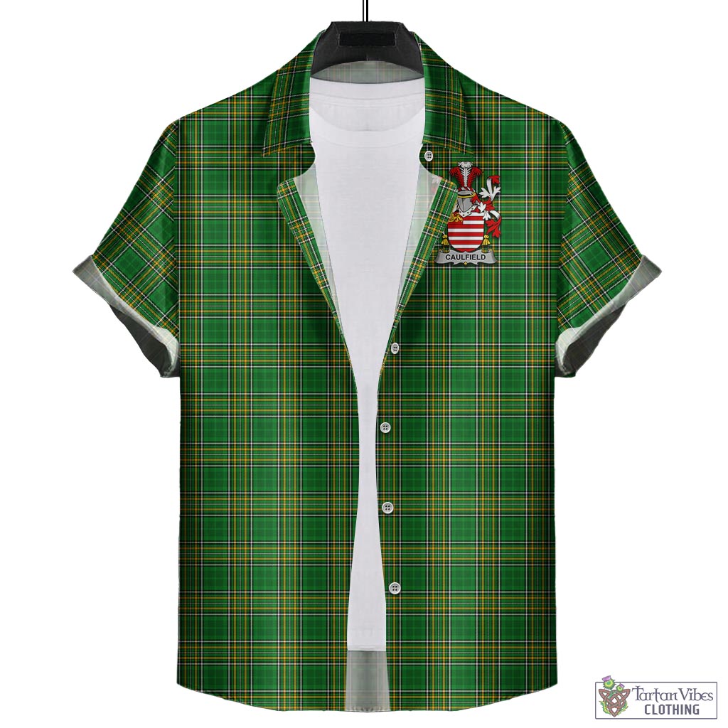 Tartan Vibes Clothing Caulfield Ireland Clan Tartan Short Sleeve Button Up with Coat of Arms