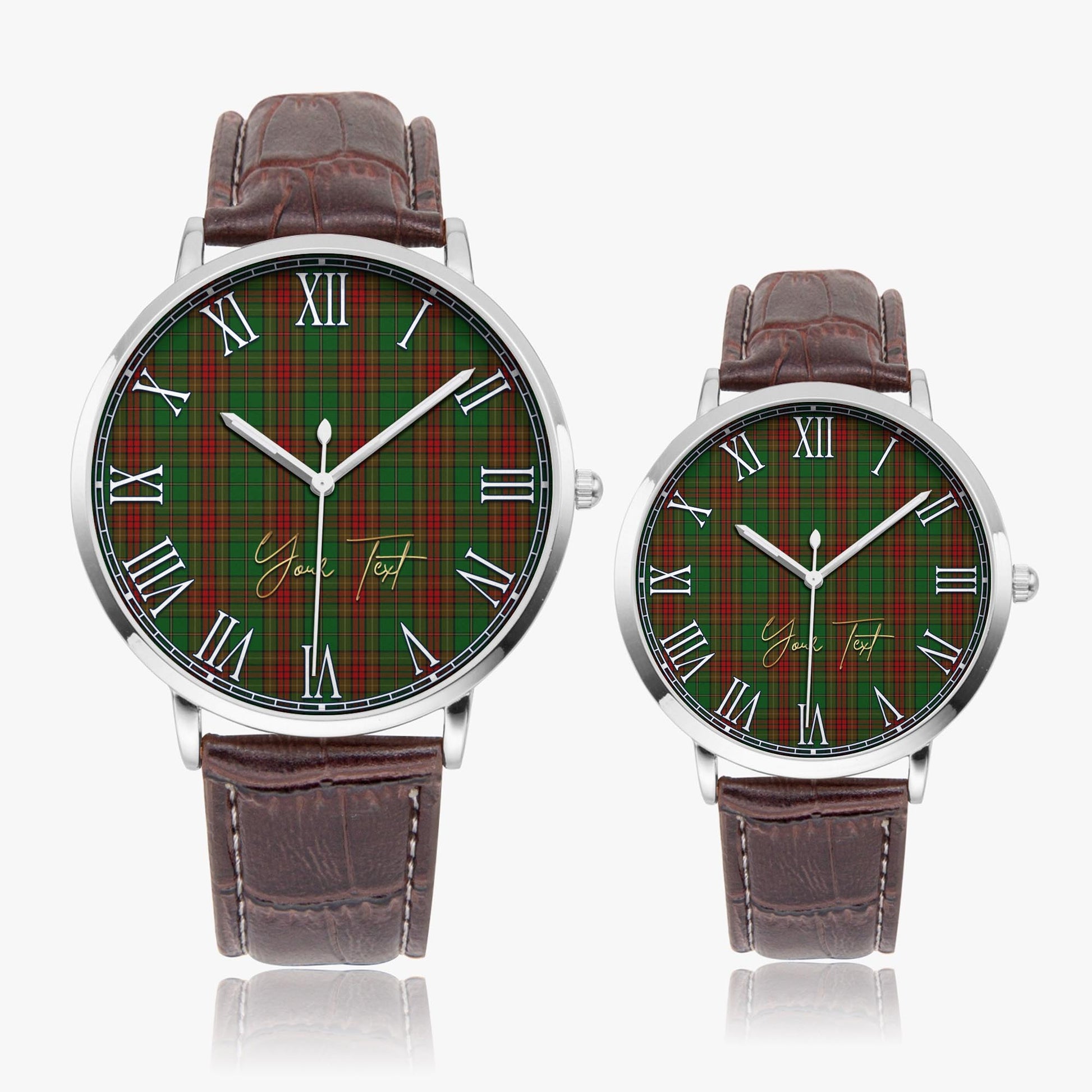 Cavan County Ireland Tartan Personalized Your Text Leather Trap Quartz Watch Ultra Thin Silver Case With Brown Leather Strap - Tartanvibesclothing