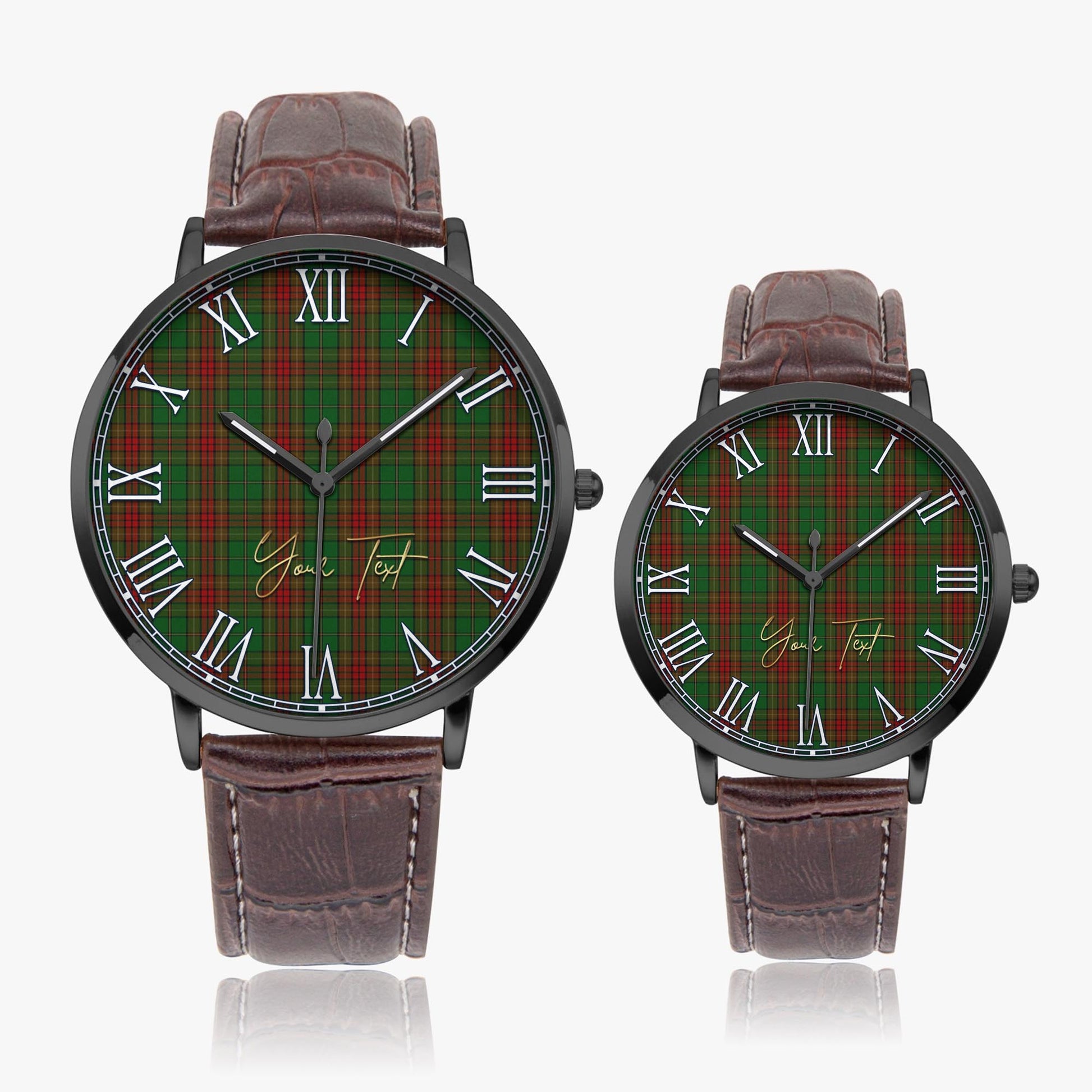 Cavan County Ireland Tartan Personalized Your Text Leather Trap Quartz Watch Ultra Thin Black Case With Brown Leather Strap - Tartanvibesclothing