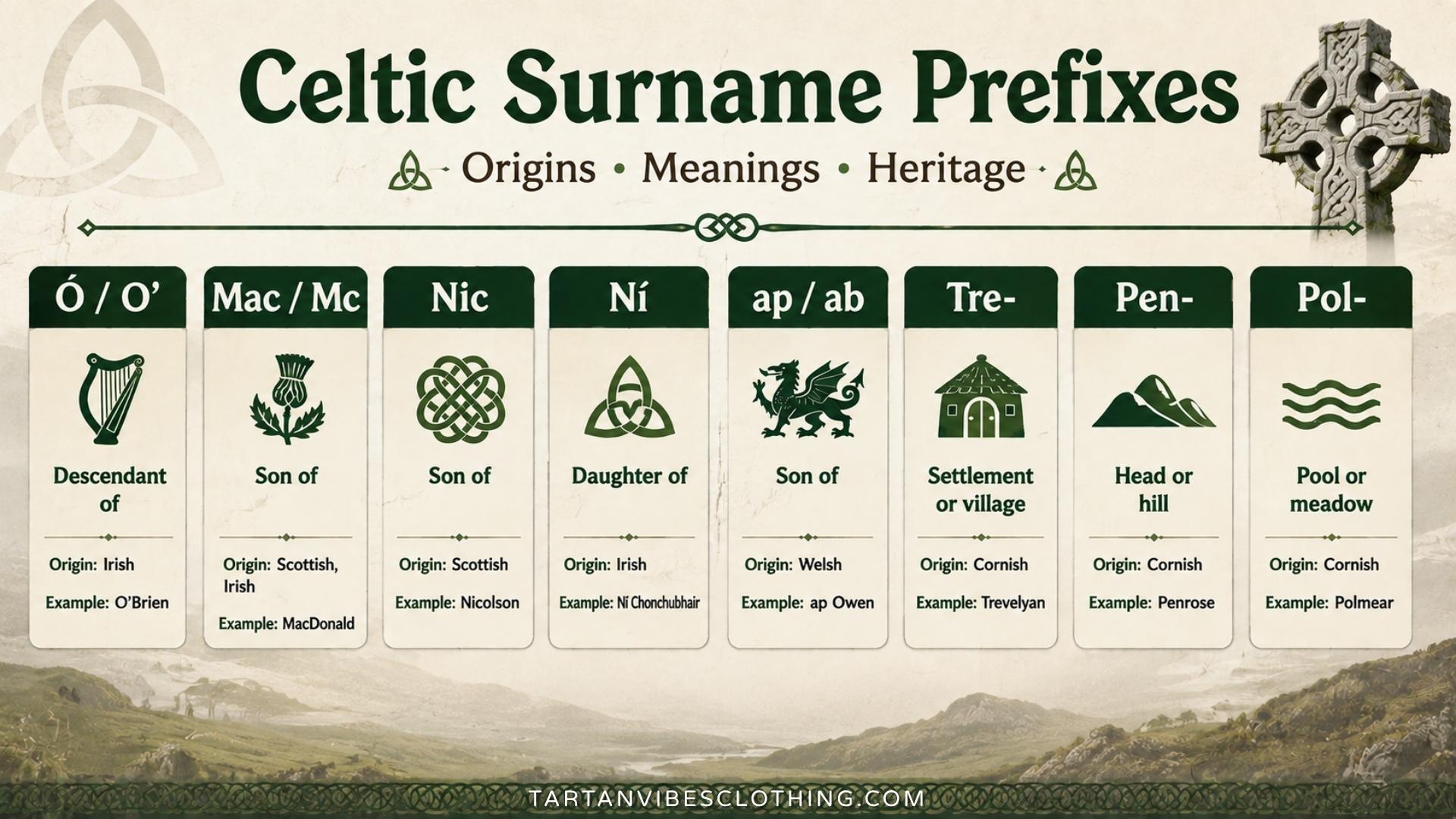 Celtic Surnames prefixes showing Irish, Scottish, Welsh and Cornish naming traditions