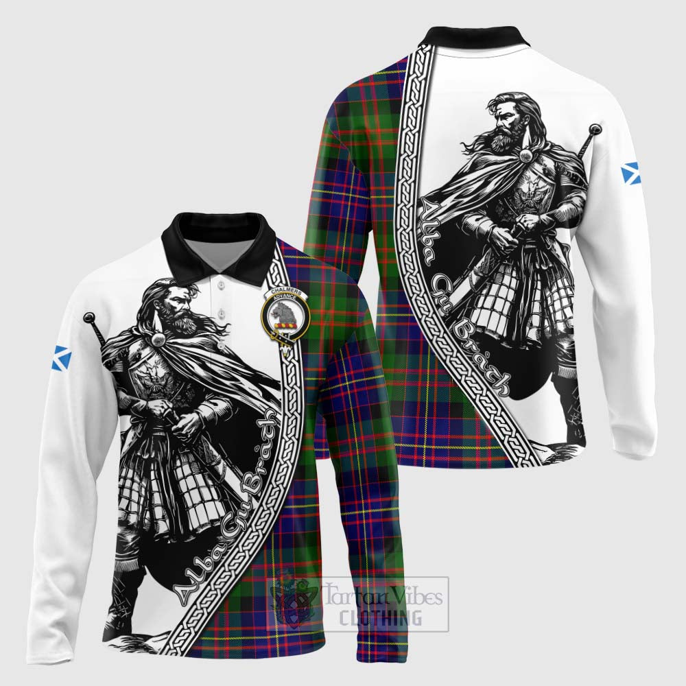 Chalmers Tartan Clan Crest Long Sleeve Polo Shirt with Highlander Warrior Celtic Style Unisex - Tartan Vibes Clothing