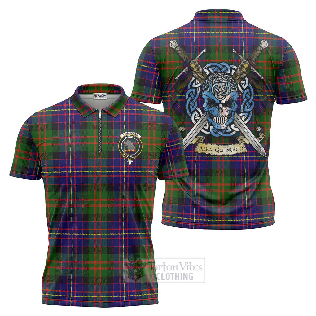 Chalmers Tartan Zipper Polo Shirt with Family Crest Celtic Skull Style Unisex - Tartan Vibes Clothing