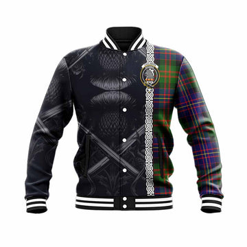 Chalmers Tartan Baseball Jacket with Family Crest Cross Sword Thistle Celtic Vibes Unisex - Tartan Vibes Clothing