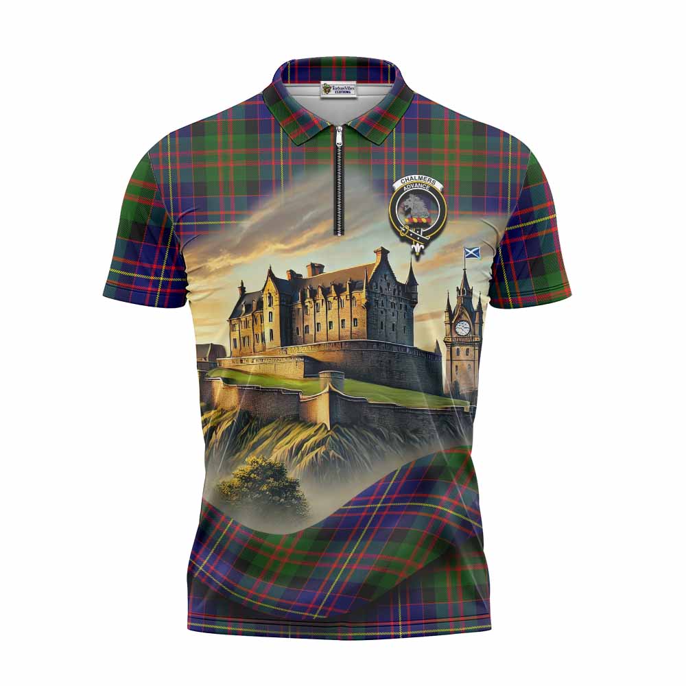 Chalmers Tartan Family Crest Zipper Polo Shirt with Scottish Ancient Castle Style Unisex - Tartan Vibes Clothing