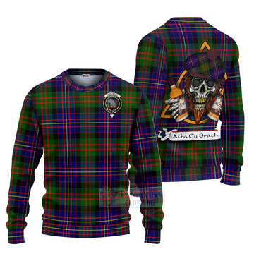 Chalmers Tartan Ugly Sweater with Family Crest and Bearded Skull Holding Bottles of Whiskey Unisex - Tartan Vibes Clothing