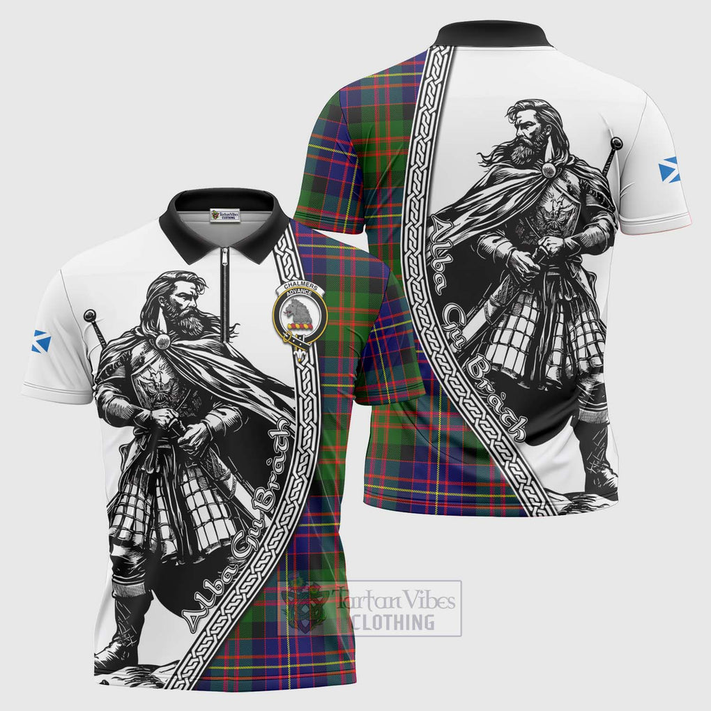 Chalmers Tartan Clan Crest Zipper Polo Shirt with Highlander Warrior Celtic Style Unisex - Tartan Vibes Clothing