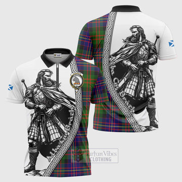 Chalmers Tartan Clan Crest Zipper Polo Shirt with Highlander Warrior Celtic Style Unisex - Tartan Vibes Clothing