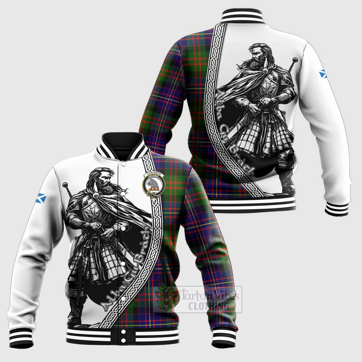 Chalmers Tartan Clan Crest Baseball Jacket with Highlander Warrior Celtic Style Unisex - Tartan Vibes Clothing