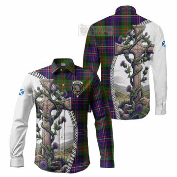 Chalmers Tartan Long Sleeve Button Shirt with Family Crest and St. Andrew's Cross Accented by Thistle Vines Men's Shirt S - Tartan Vibes Clothing