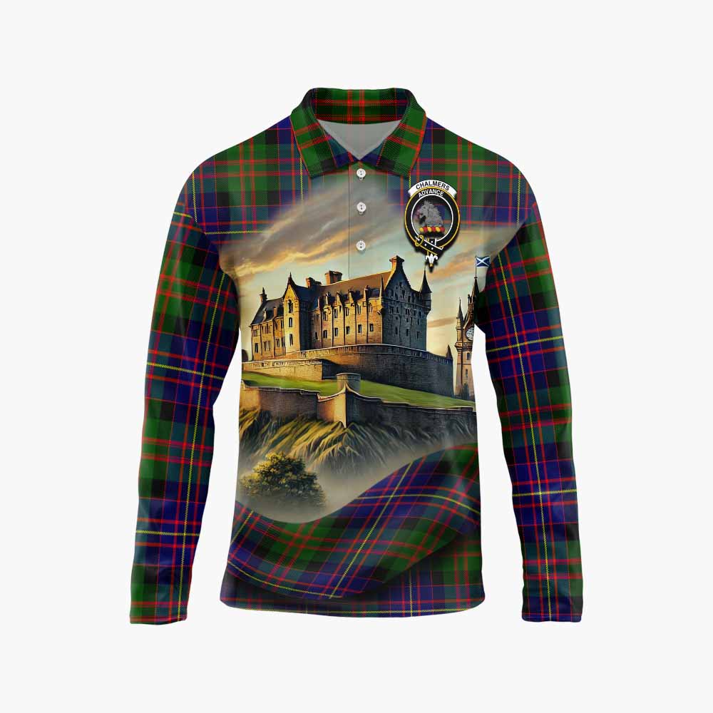 Chalmers Tartan Family Crest Long Sleeve Polo Shirt with Scottish Ancient Castle Style Unisex - Tartan Vibes Clothing