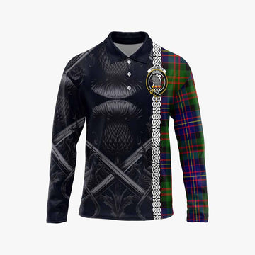 Chalmers Tartan Long Sleeve Polo Shirt with Family Crest Cross Sword Thistle Celtic Vibes Unisex - Tartan Vibes Clothing
