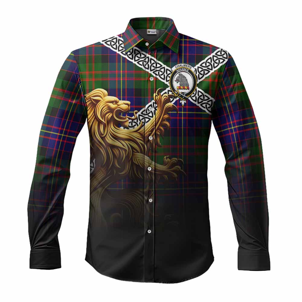 Chalmers Crest Tartan Long Sleeve Button Shirt with Golden Lion Emblem Celtic Style Men's Shirt S - Tartan Vibes Clothing