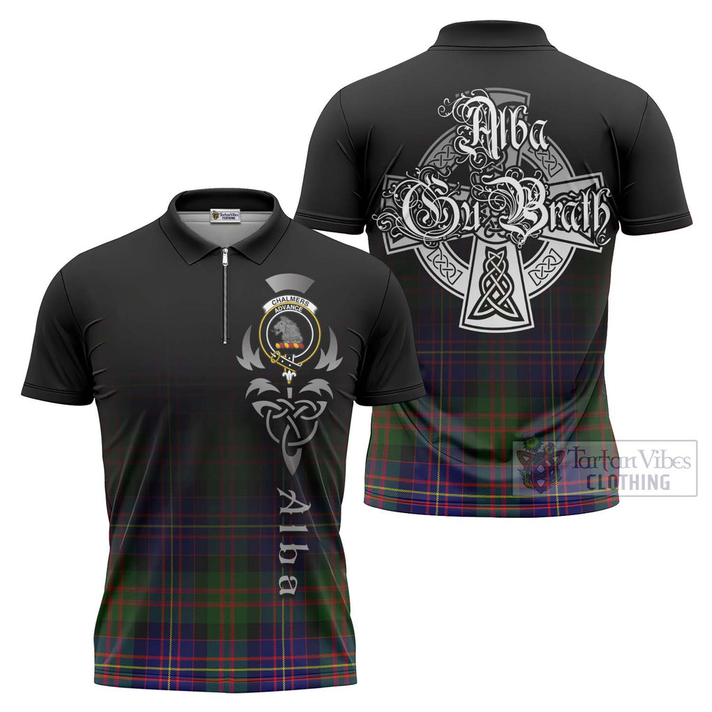 Tartan Vibes Clothing Chalmers Tartan Zipper Polo Shirt Featuring Alba Gu Brath Family Crest Celtic Inspired