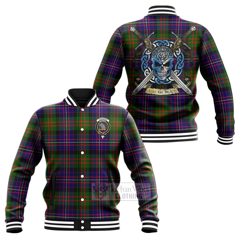 Chalmers Tartan Baseball Jacket with Family Crest Celtic Skull Style Unisex - Tartan Vibes Clothing