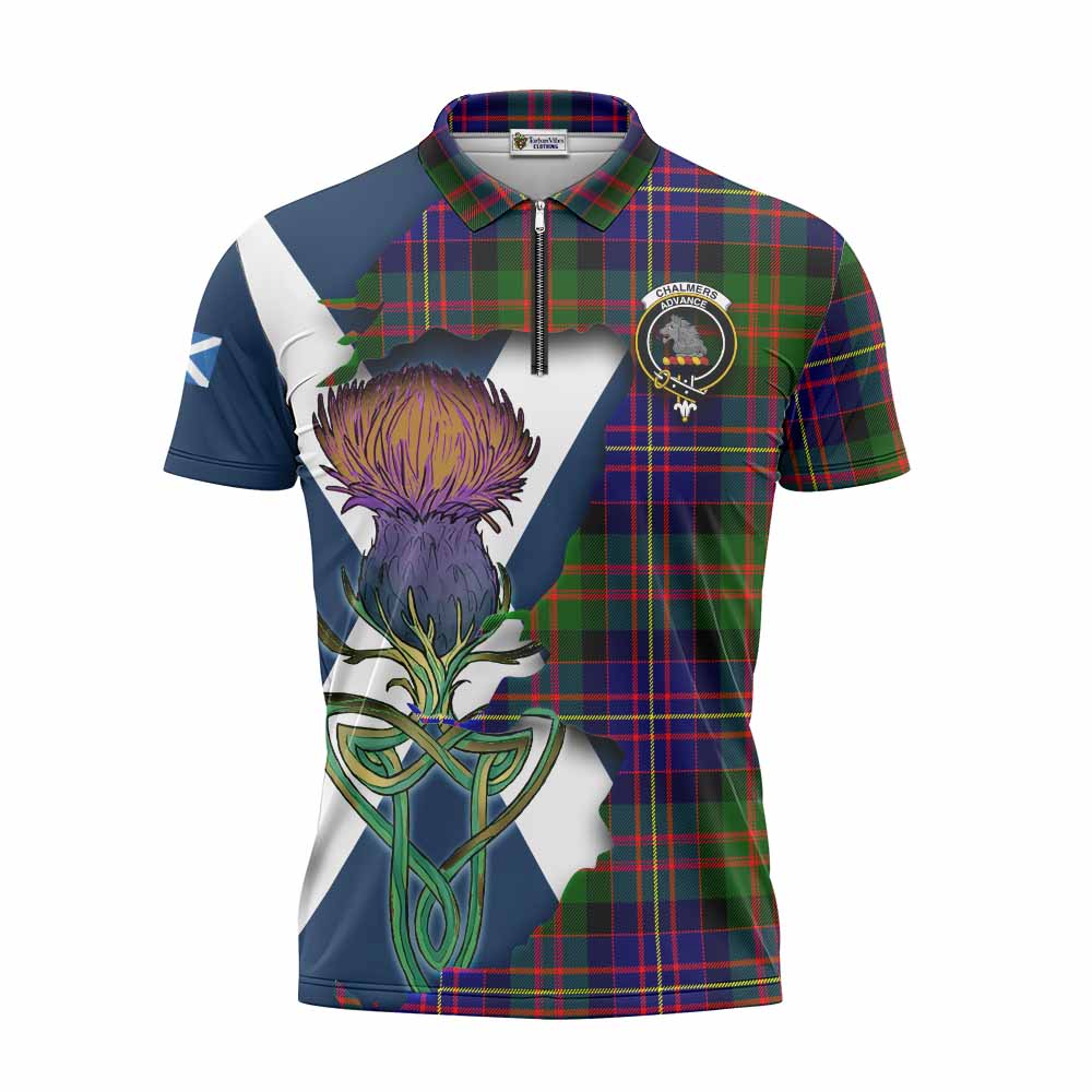 Chalmers Tartan Family Crest Zipper Polo Shirt Scottish Thistle Celtic Inspired Unisex - Tartan Vibes Clothing