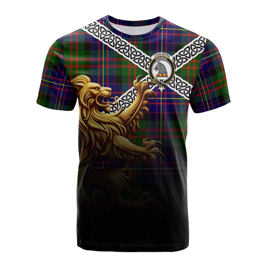 Tartan Vibes Clothing Chalmers Crest Tartan Cotton T-shirt with Golden Lion Emblem Celtic Style