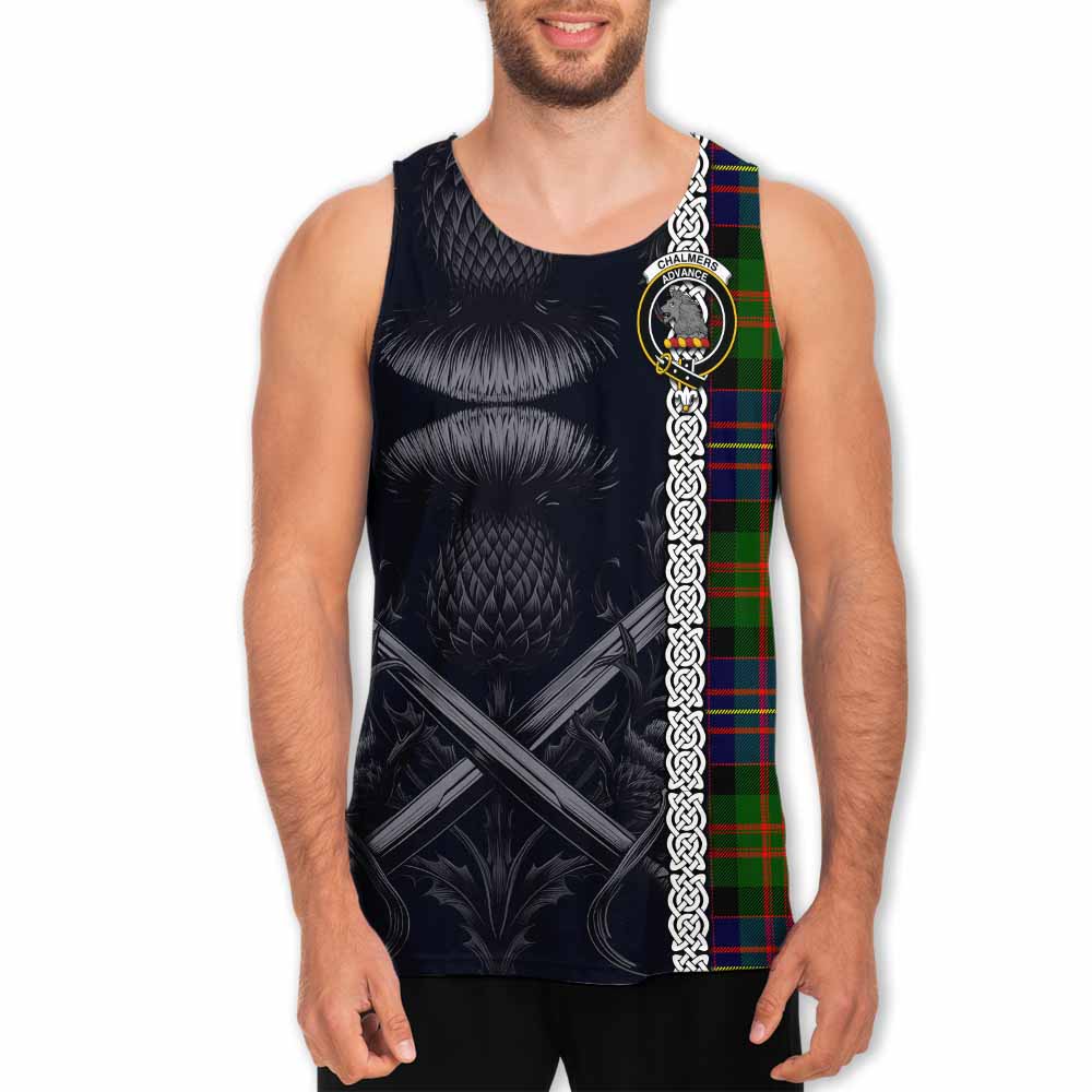 Chalmers Tartan Men's Tank Top with Family Crest Cross Sword Thistle Celtic Vibes Men - Tartan Vibes Clothing