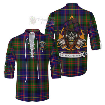 Chalmers Tartan Ghillie Kilt Shirt with Family Crest and Bearded Skull Holding Bottles of Whiskey Men - Tartan Vibes Clothing