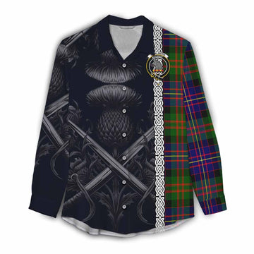 Chalmers Tartan Women's Casual Shirt with Family Crest Cross Sword Thistle Celtic Vibes Female - Tartan Vibes Clothing