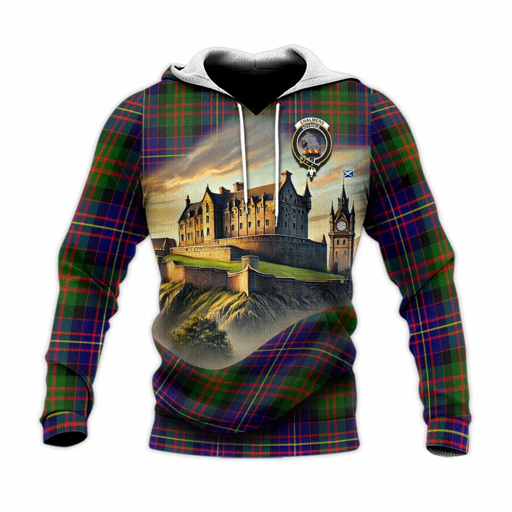 Chalmers Tartan Family Crest Knitted Hoodie with Scottish Ancient Castle Style Unisex Knitted Pullover Hoodie - Tartan Vibes Clothing