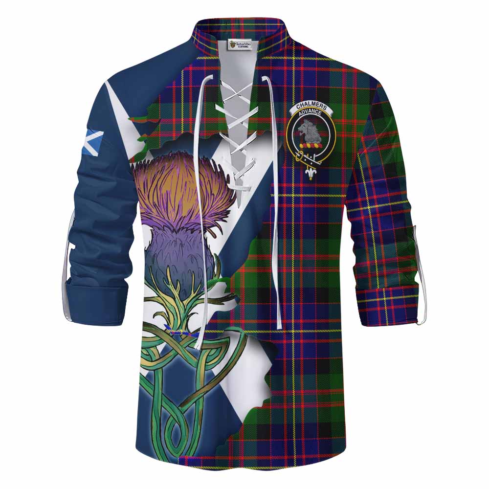 Chalmers Tartan Family Crest Ghillie Kilt Shirt Scottish Thistle Celtic Inspired Men - Tartan Vibes Clothing