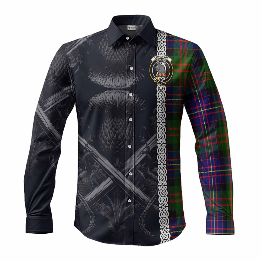 Tartan Vibes Clothing Chalmers Tartan Long Sleeve Button Shirt with Family Crest Cross Sword Thistle Celtic Vibes