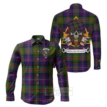 Chalmers Tartan Long Sleeve Button Shirt with Family Crest and Bearded Skull Holding Bottles of Whiskey Men's Shirt S - Tartan Vibes Clothing