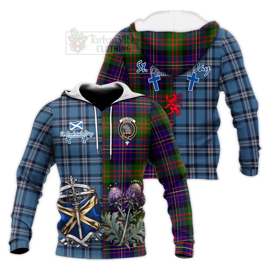 Chalmers Tartan Knitted Hoodie Happy St. Andrew's Day Half Tartan Style Unisex Knitted Pullover Hoodie - Tartan Vibes Clothing