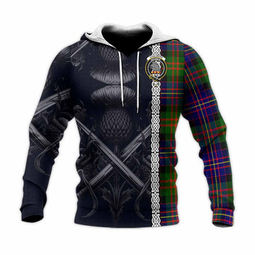Tartan Vibes Clothing Chalmers Tartan Knitted Hoodie with Family Crest Cross Sword Thistle Celtic Vibes