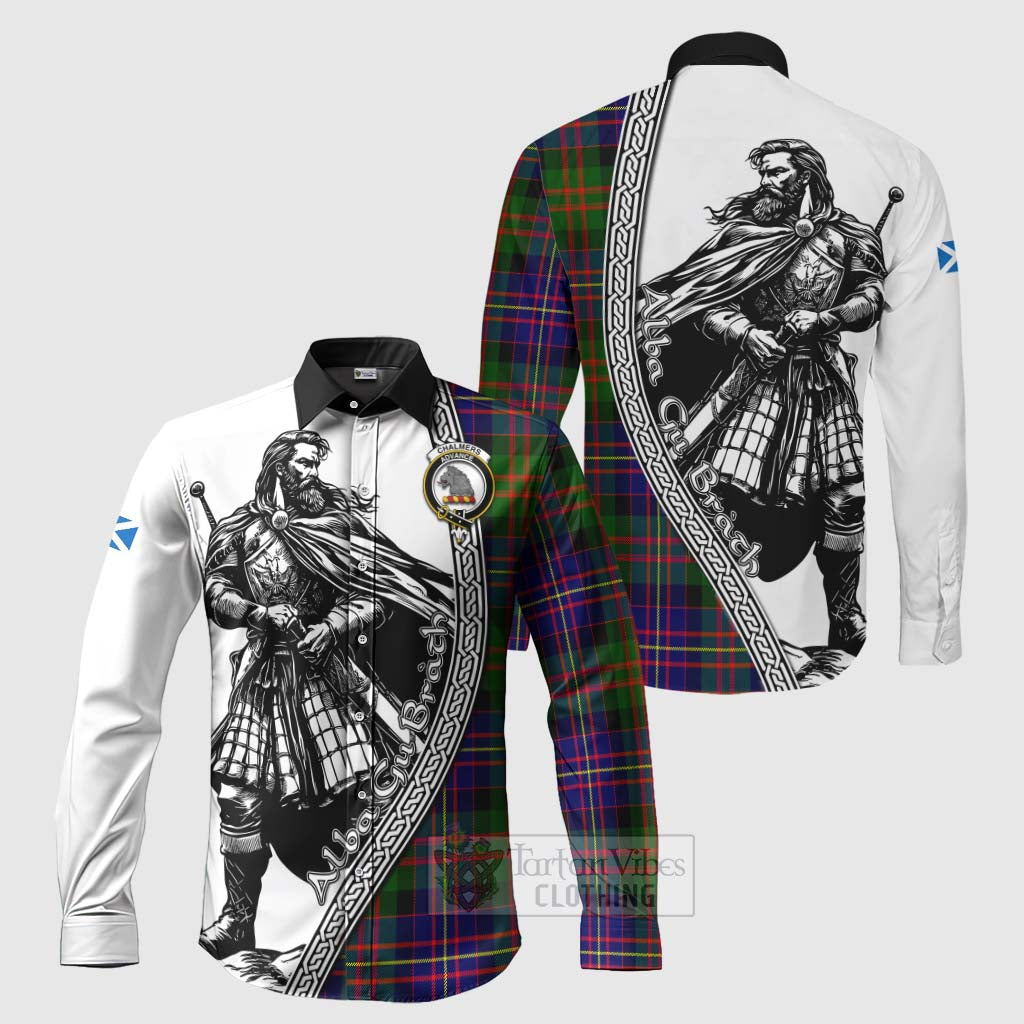 Chalmers Tartan Clan Crest Long Sleeve Button Shirt with Highlander Warrior Celtic Style Men's Shirt S - Tartan Vibes Clothing